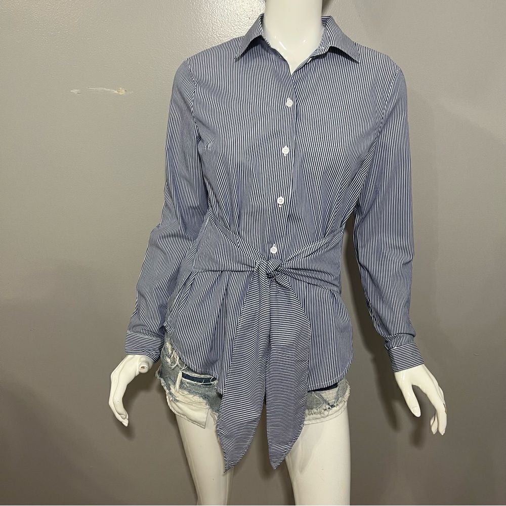 NWT Beach Lunch Lounge Blue and White Pinstripe Tie Front Button Down Blouse-S - Picture 3 of 13
